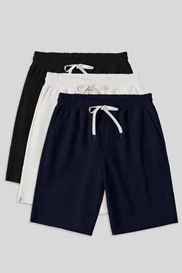 Comfort Fit Basic 3'lü Paket Siyah-Lacivert-Ekru Erkek Şort - 81274 