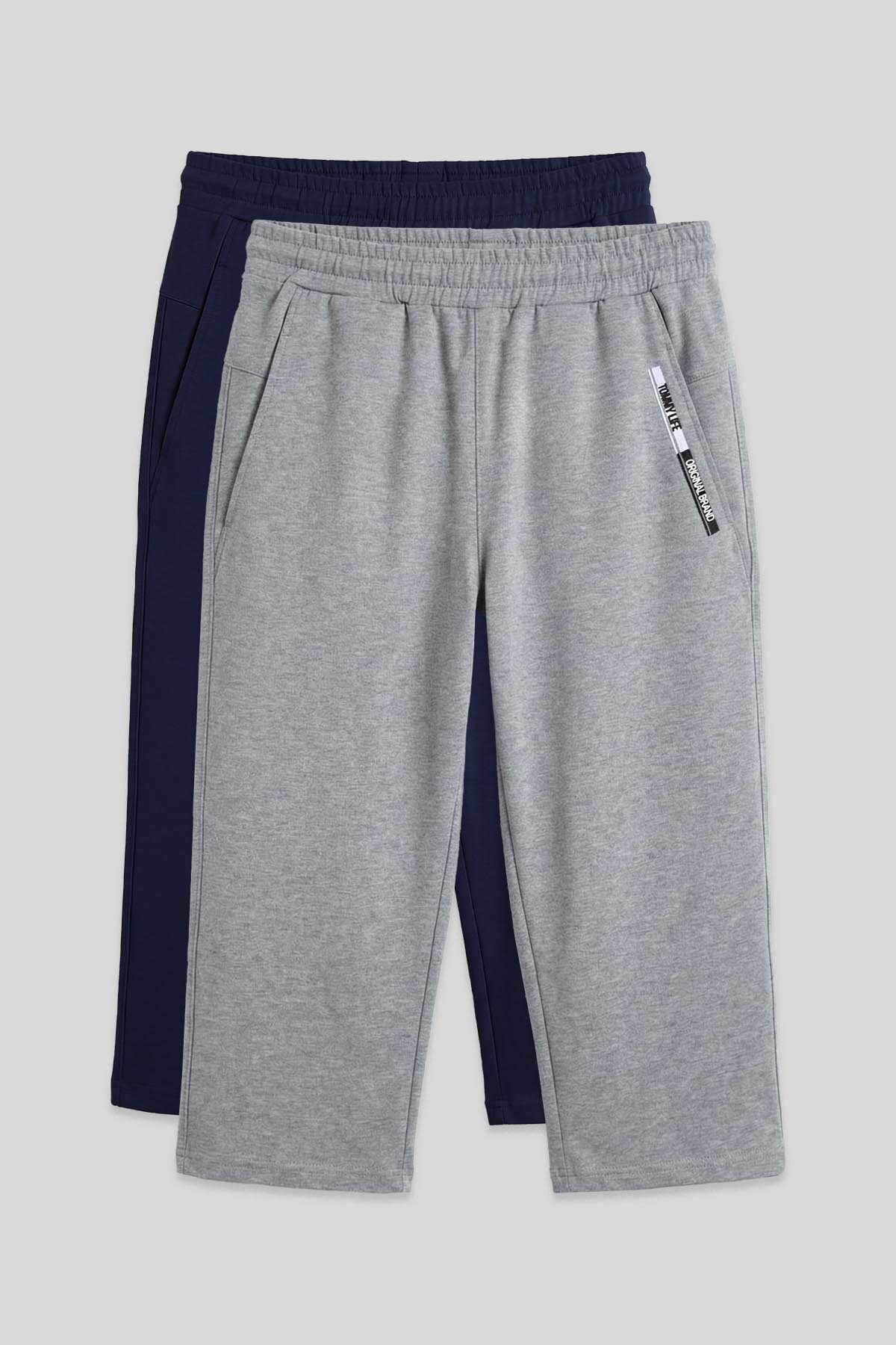 Standart Kalıp 2'li Paket İndigo-Gri Melanj Erkek Kapri - 83092 - TOMMYLIFE