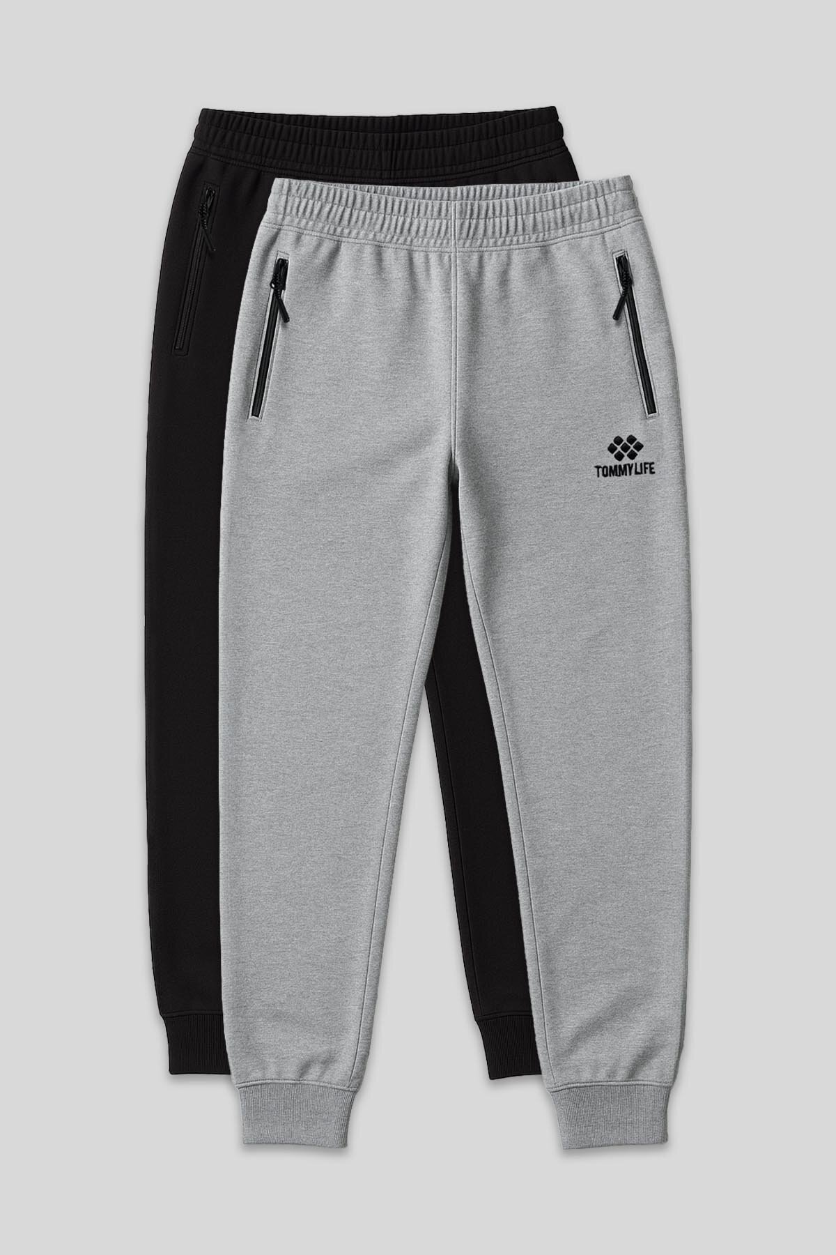 Standart Kalıp 2'li Paket Siyah-Gri Melanj Erkek Eşofman Alt - 84587 - TOMMYLIFE