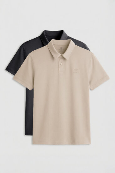 Standart Fit Basic Polo Yaka 2'li Paket Antrasit-Bej Erkek T-Shirt - 87748 
