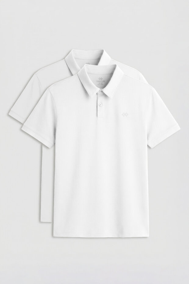 Standart Fit Basic Polo Yaka 2'li Paket Beyaz Erkek T-Shirt - 87748 - 1