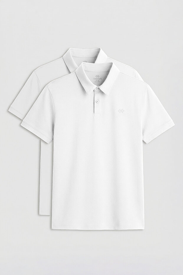 Standart Fit Basic Polo Yaka 2'li Paket Beyaz Erkek T-Shirt - 87748 - 1
