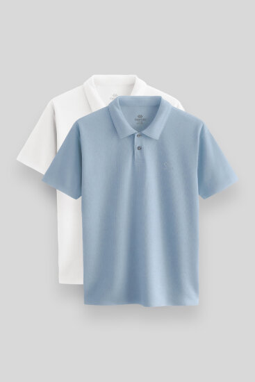 Standart Fit Basic Polo Yaka 2'li Paket Beyaz-Buz Mavi Erkek T-Shirt - 87748 