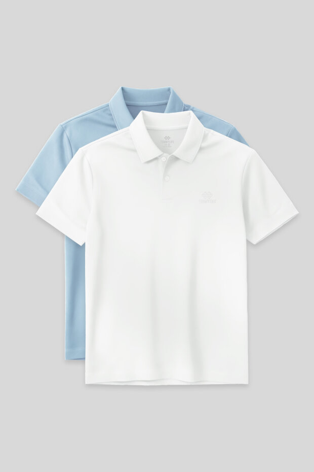 Standart Fit Basic Polo Yaka 2'li Paket Beyaz-Buz Mavi Erkek T-Shirt - 87748 - 1