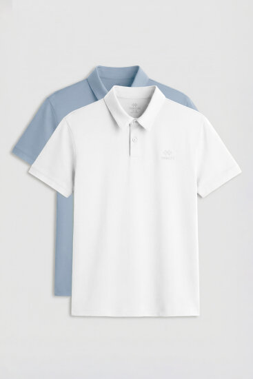 Standart Fit Basic Polo Yaka 2'li Paket Beyaz-Buz Mavi Erkek T-Shirt - 87748 