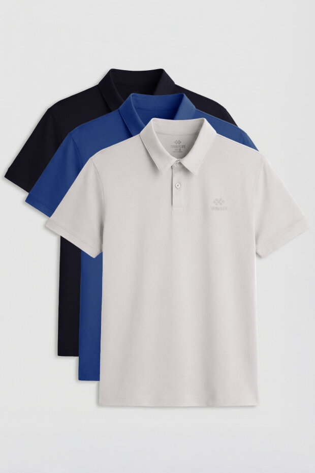 Standart Fit Basic Polo Yaka 3'lü Paket Lacivert-Taş-Parlament Erkek T-Shirt - 87748 - 1