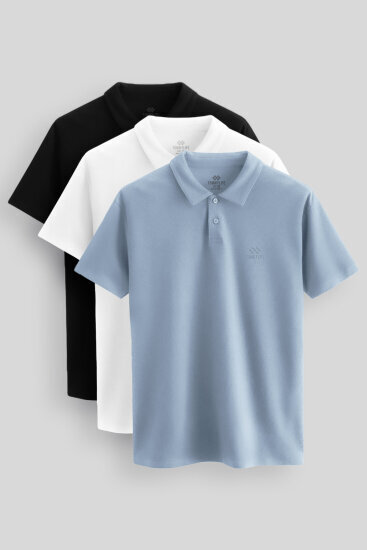 Standart Fit Basic Polo Yaka 3'lü Paket Siyah-Beyaz-Buz Mavi Erkek T-Shirt 87748 