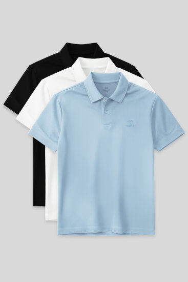 Standart Fit Basic Polo Yaka 3'lü Paket Siyah-Beyaz-Buz Mavi Erkek T-Shirt 87748 