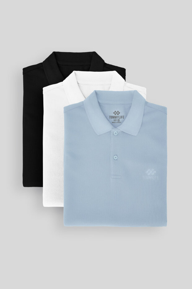 Standart Fit Basic Polo Yaka 3'lü Paket Siyah-Beyaz-Buz Mavi Erkek T-Shirt 87748 - 2