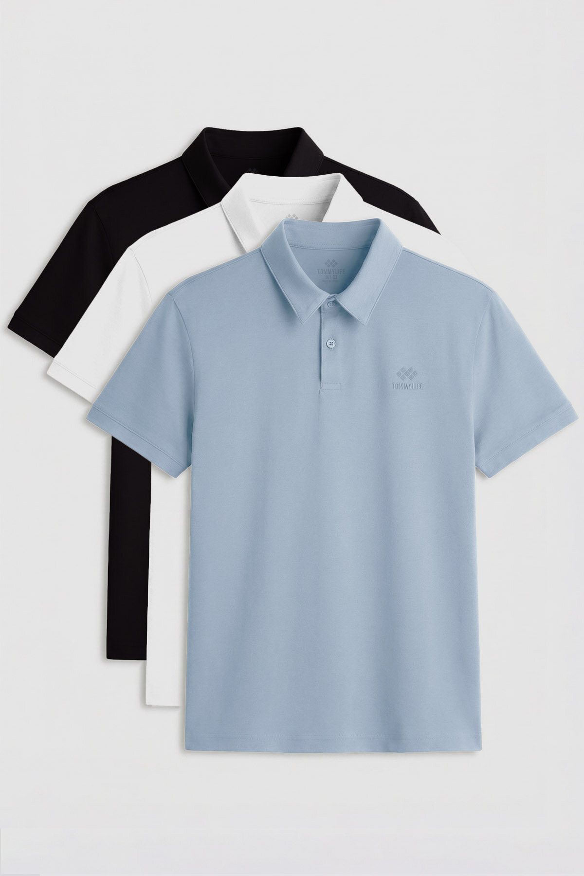 Standart Fit Basic Polo Yaka 3'lü Paket Siyah-Beyaz-Buz Mavi Erkek T-Shirt 87748 - TOMMYLIFE