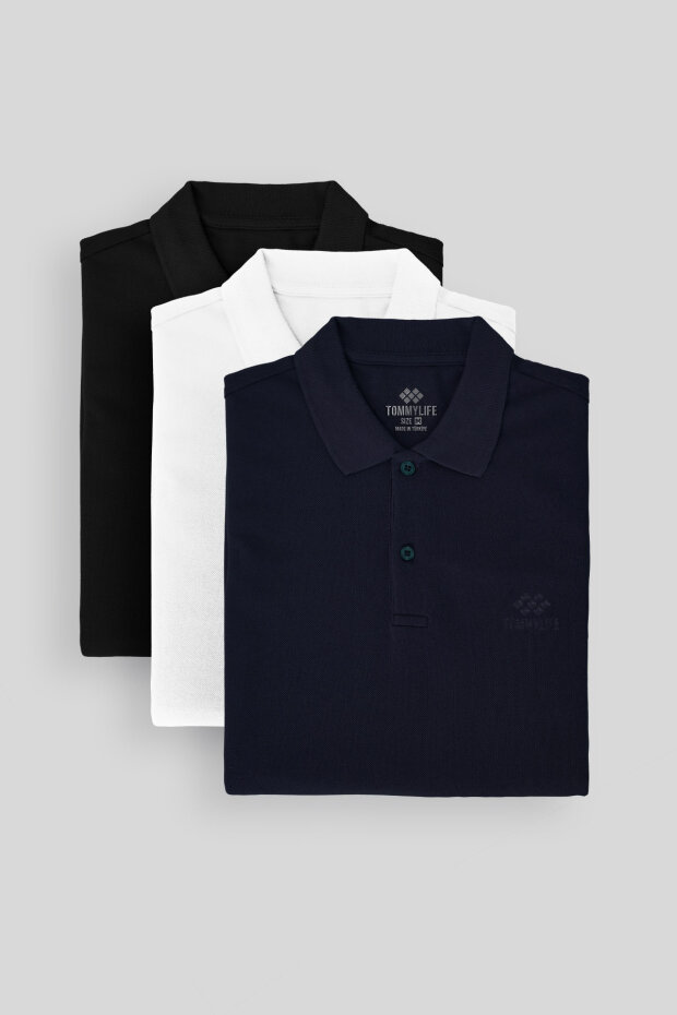 Standart Fit Basic Polo Yaka 3'lü Paket Siyah-Beyaz-Lacivert Erkek T-Shirt 87748 - 2