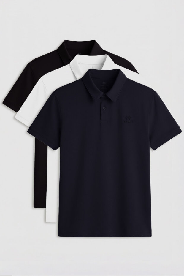 Standart Fit Basic Polo Yaka 3'lü Paket Siyah-Beyaz-Lacivert Erkek T-Shirt 87748 - 1