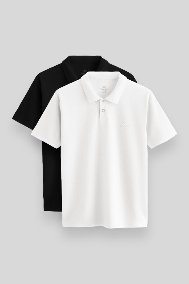 Standart Fit Basic Polo Yaka 2'li Paket Siyah-Beyaz Erkek T-Shirt - 87748 - 1
