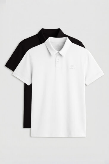 Standart Fit Basic Polo Yaka 2'li Paket Siyah-Beyaz Erkek T-Shirt - 87748 