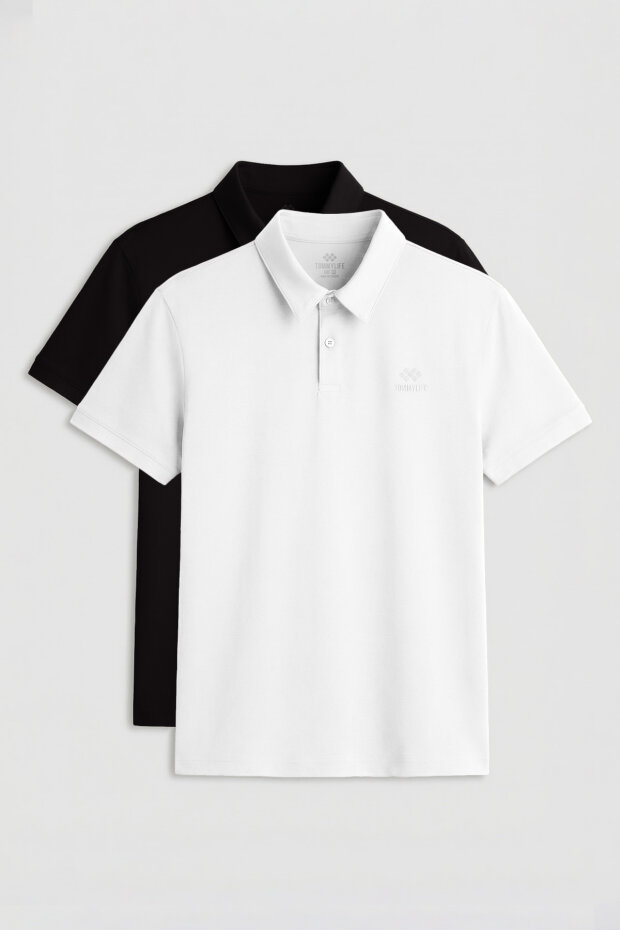 Standart Fit Basic Polo Yaka 2'li Paket Siyah-Beyaz Erkek T-Shirt - 87748 - 1