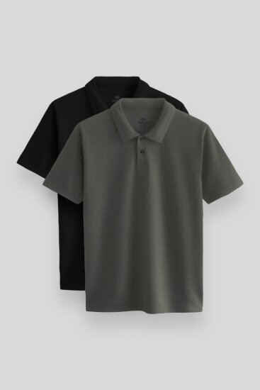 Standart Fit Basic Polo Yaka 2'li Paket Siyah-Çağla Erkek T-Shirt - 87748 