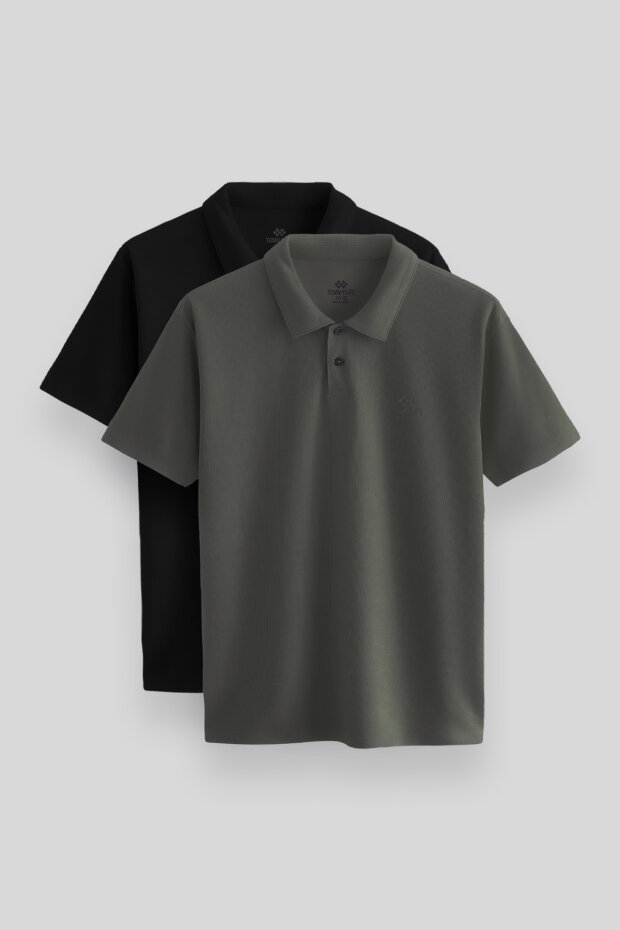 Standart Fit Basic Polo Yaka 2'li Paket Siyah-Çağla Erkek T-Shirt - 87748 - 1