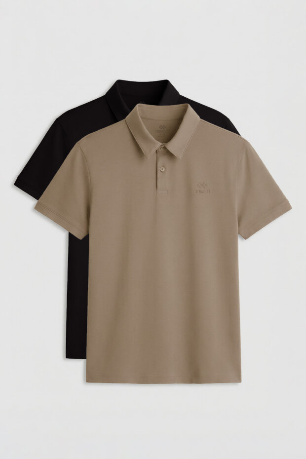 Standart Fit Basic Polo Yaka 2'li Paket Siyah-Koyu Bej Erkek T-Shirt - 87748 - 1