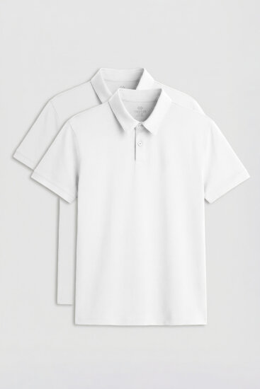 Standart Fit Basic Polo Yaka 2'li Paket Beyaz Erkek T-Shirt - 87768 