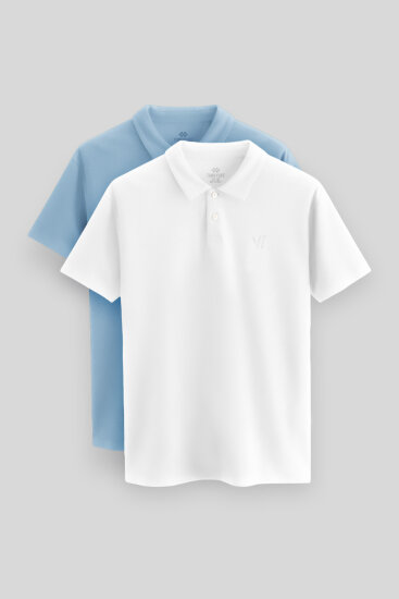 Standart Fit Basic Polo Yaka 2'li Paket Beyaz-Buz Mavi Erkek T-Shirt - 87768 