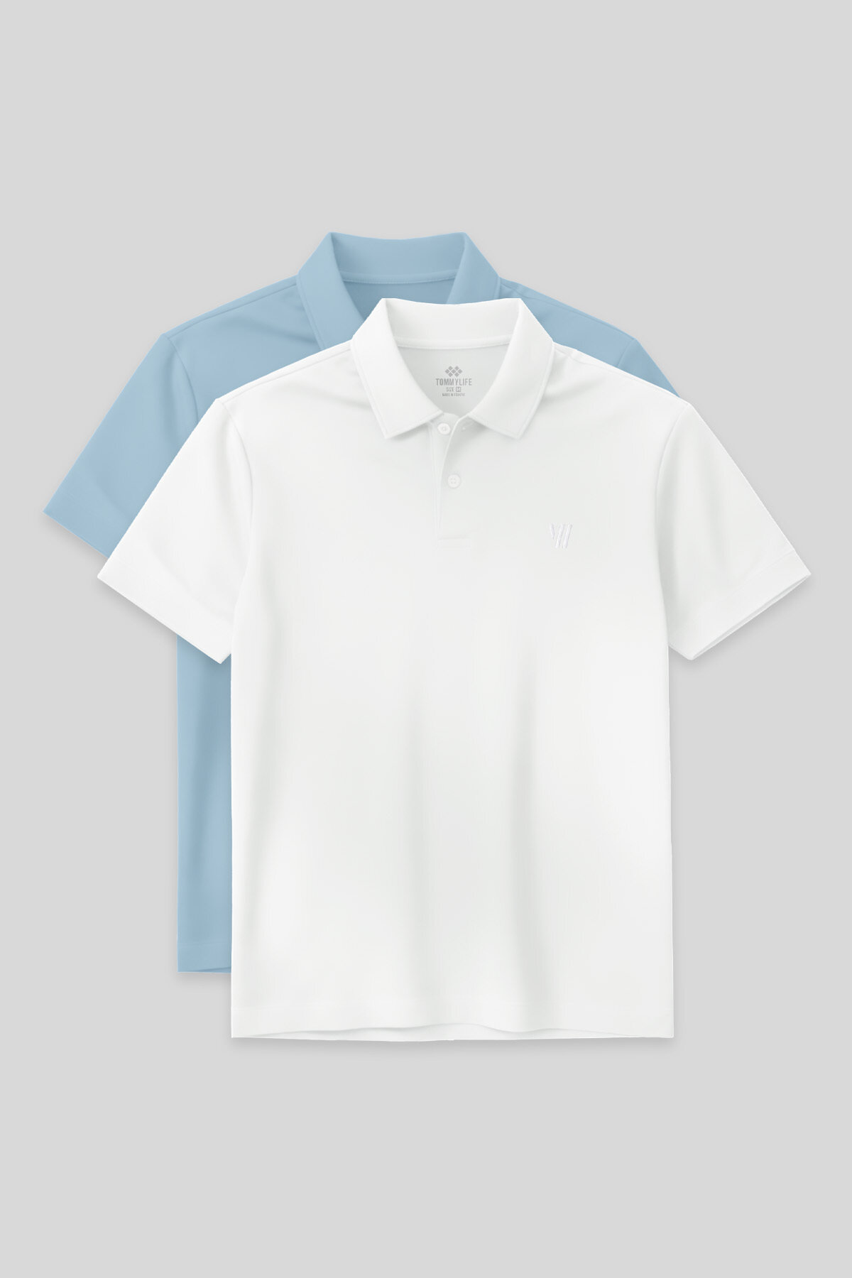 Standart Fit Basic Polo Yaka 2'li Paket Beyaz-Buz Mavi Erkek T-Shirt - 87768 - TOMMYLIFE