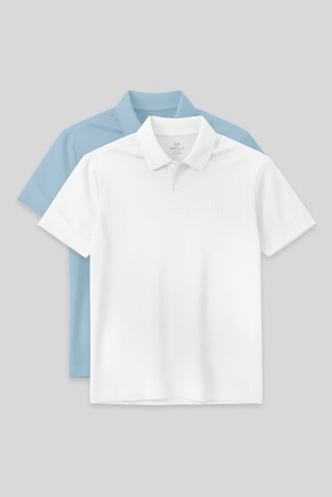 Standart Fit Basic Polo Yaka 2'li Paket Beyaz-Buz Mavi Erkek T-Shirt - 87768 - TOMMYLIFE