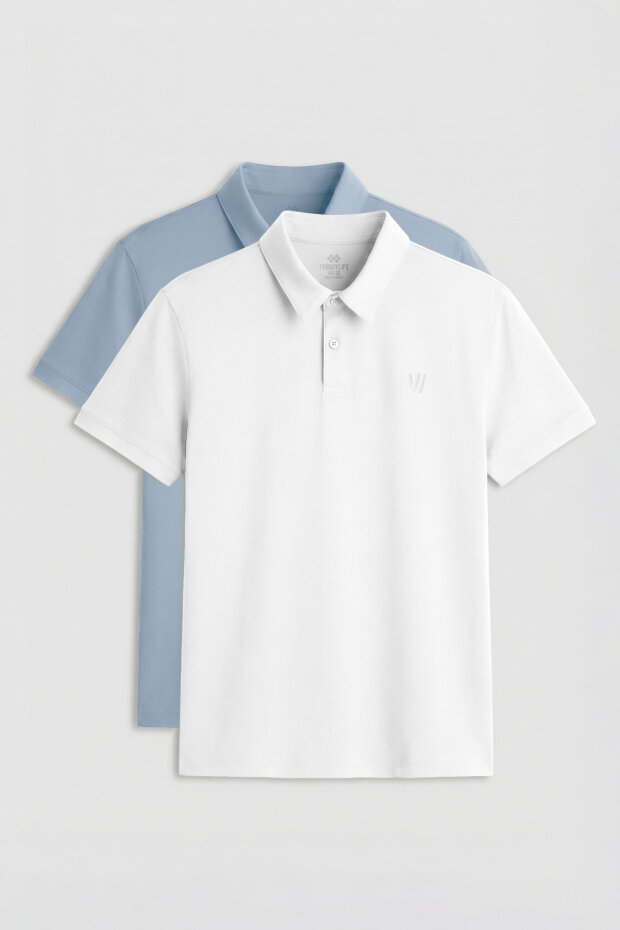 Standart Fit Basic Polo Yaka 2'li Paket Beyaz-Buz Mavi Erkek T-Shirt - 87768 - 1