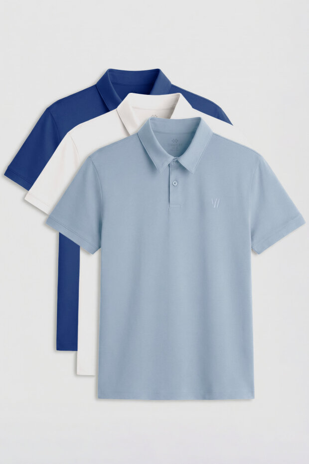 Standart Fit Basic Polo Yaka 3'lü Paket Ekru-Buz Mavi-Parlament Erkek T-Shirt - 87768 - 1