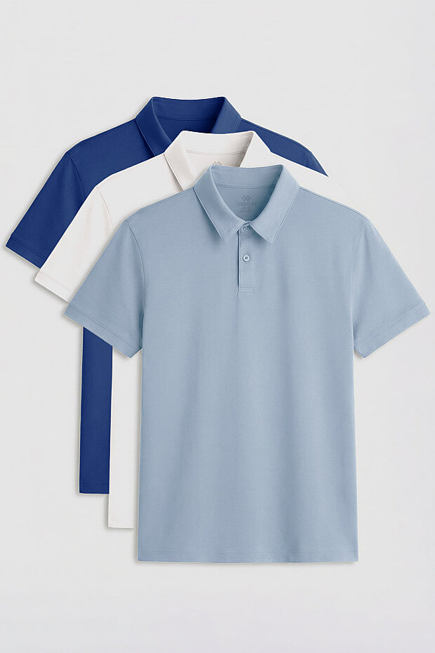 Standart Fit Basic Polo Yaka 3'lü Paket Ekru-Buz Mavi-Parlament Erkek T-Shirt - 87768 - 1