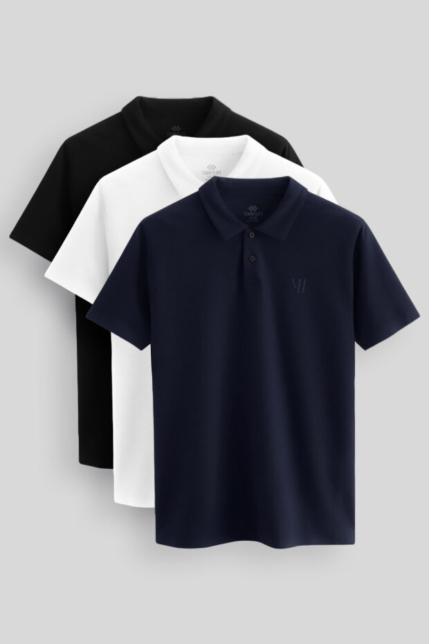 Standart Fit Basic Polo Yaka 3'lü Paket Siyah-Beyaz-Lacivert Erkek T-Shirt 87768 - 1