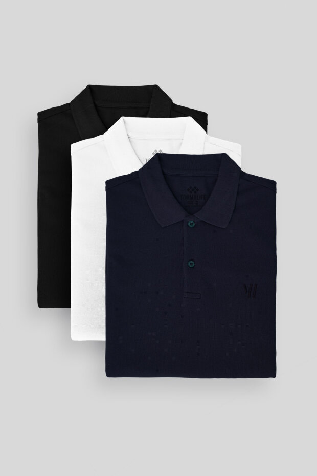 Standart Fit Basic Polo Yaka 3'lü Paket Siyah-Beyaz-Lacivert Erkek T-Shirt 87768 - 2