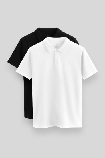 Standart Fit Basic Polo Yaka 2'li Paket Siyah-Beyaz Erkek T-Shirt - 87768 