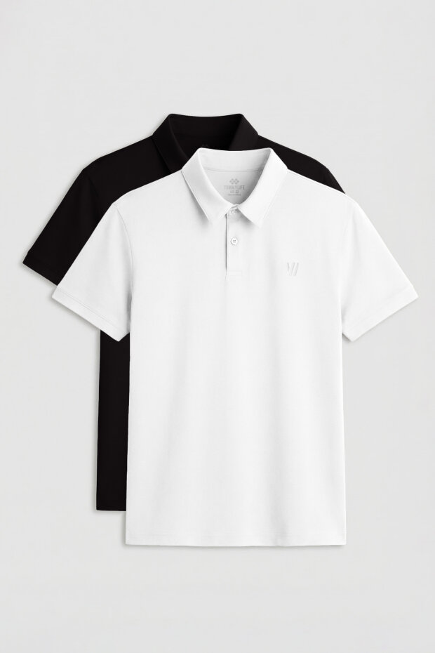 Standart Fit Basic Polo Yaka 2'li Paket Siyah-Beyaz Erkek T-Shirt - 87768 - 1