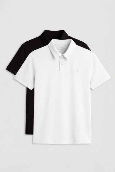 Standart Fit Basic Polo Yaka 2'li Paket Siyah-Beyaz Erkek T-Shirt - 87768 