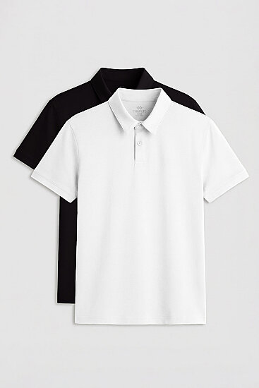 Standart Fit Basic Polo Yaka 2'li Paket Siyah-Beyaz Erkek T-Shirt - 87768 