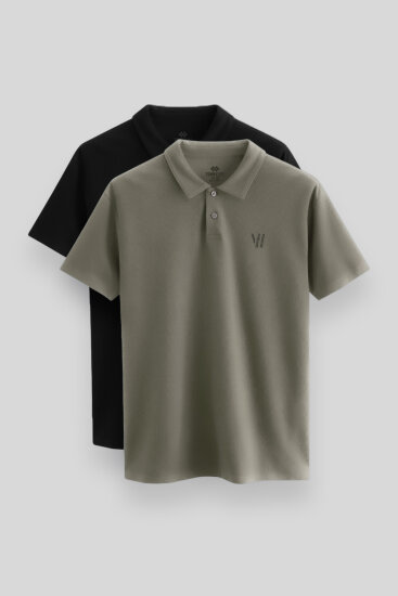 Standart Fit Basic Polo Yaka 2'li Paket Siyah-Çağla Erkek T-Shirt - 87768 