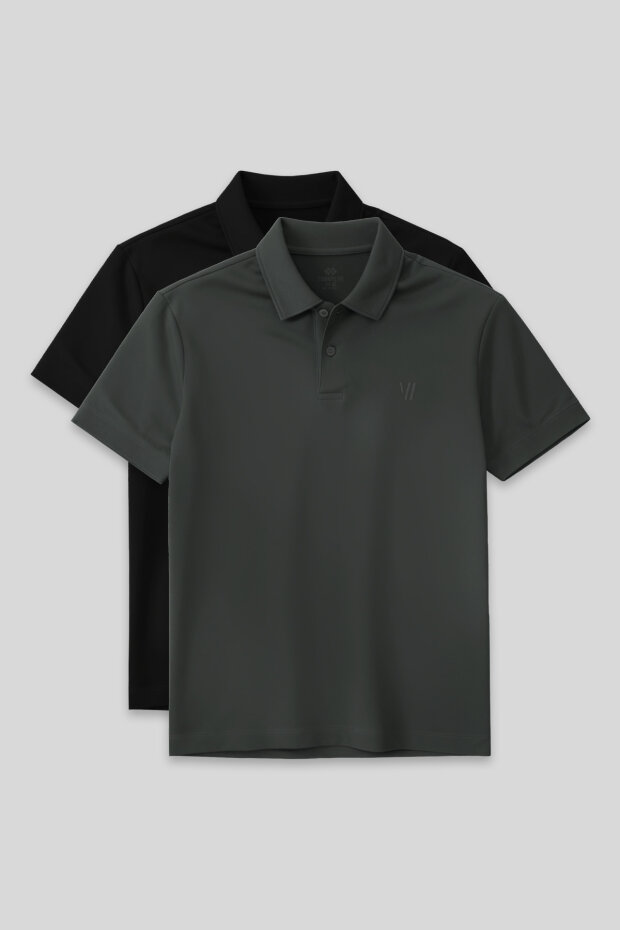 Standart Fit Basic Polo Yaka 2'li Paket Siyah-Çağla Erkek T-Shirt - 87768 - 1