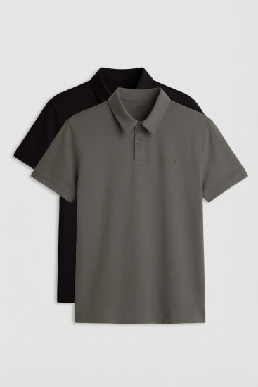 Standart Fit Basic Polo Yaka 2'li Paket Siyah-Çağla Erkek T-Shirt - 87768 