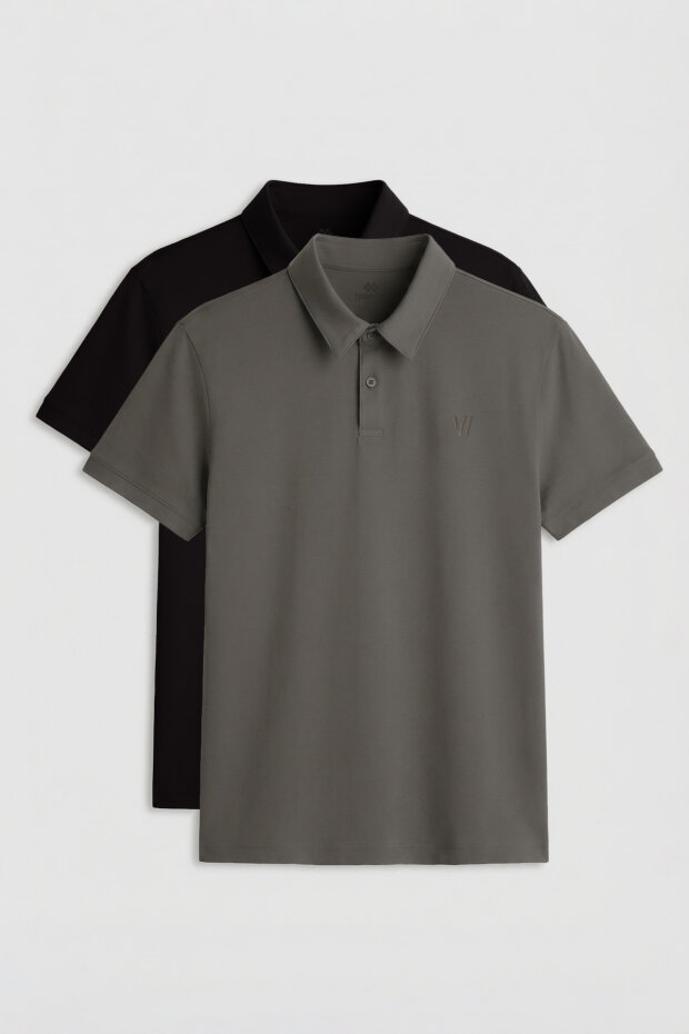 Standart Fit Basic Polo Yaka 2'li Paket Siyah-Çağla Erkek T-Shirt - 87768 - 1