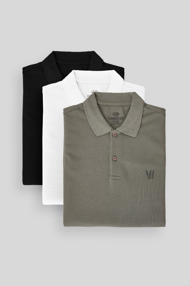 Standart Fit Basic Polo Yaka 3'lü Paket Siyah-Beyaz-Çağla Erkek T-Shirt 87768 - 3