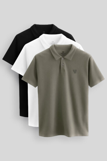 Standart Fit Basic Polo Yaka 3'lü Paket Siyah-Beyaz-Çağla Erkek T-Shirt 87768 