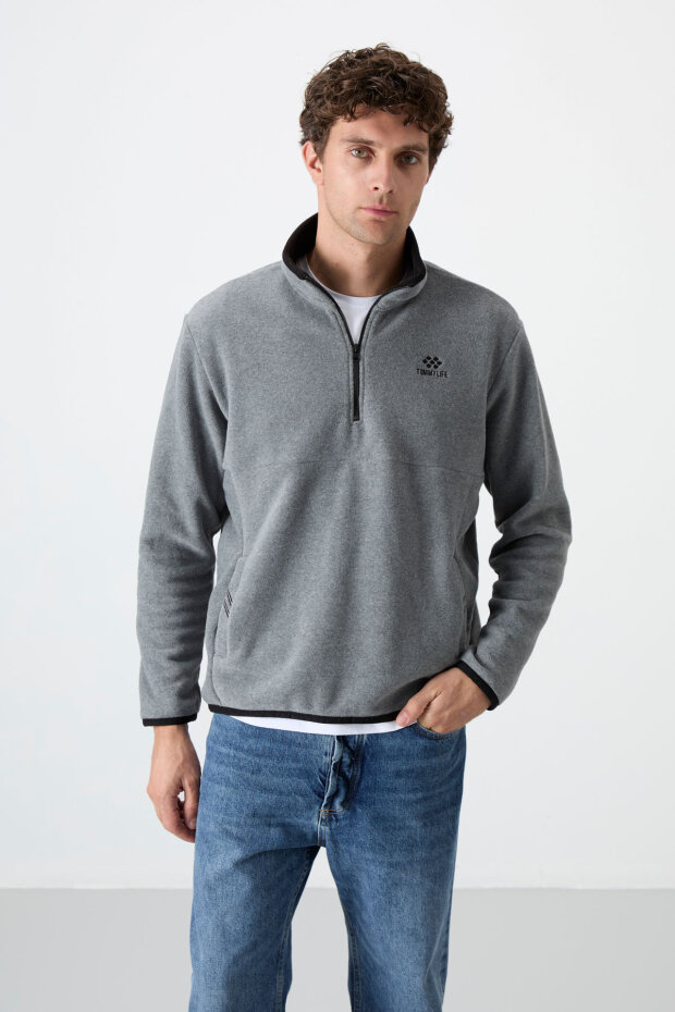 Dik Yaka Yarım Fermuarlı 2'li Paket Lacivert-Gri Melanj Erkek Polar Sweatshirt - 87891 - 5