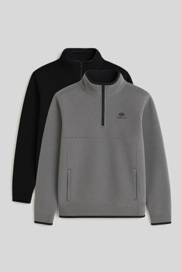 Dik Yaka Yarım Fermuarlı 2'li Paket Siyah-Gri Melanj Erkek Polar Sweatshirt - 87891 