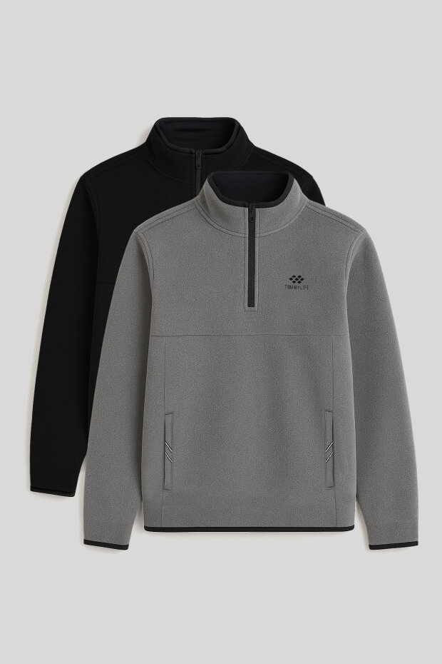 Dik Yaka Yarım Fermuarlı 2'li Paket Siyah-Gri Melanj Erkek Polar Sweatshirt - 87891 - 1