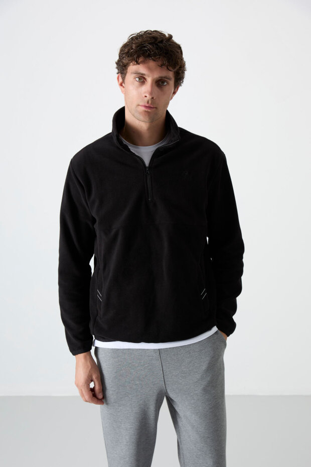 Dik Yaka Yarım Fermuarlı 2'li Paket Siyah-Gri Melanj Erkek Polar Sweatshirt - 87891 - 3