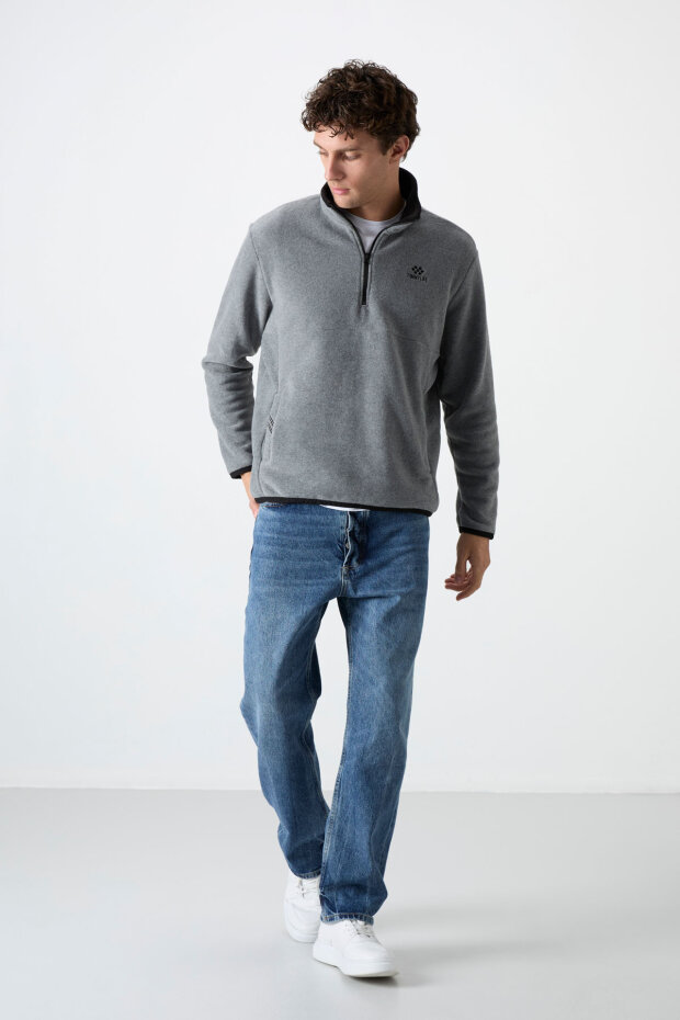Dik Yaka Yarım Fermuarlı 2'li Paket Siyah-Gri Melanj Erkek Polar Sweatshirt - 87891 - 4