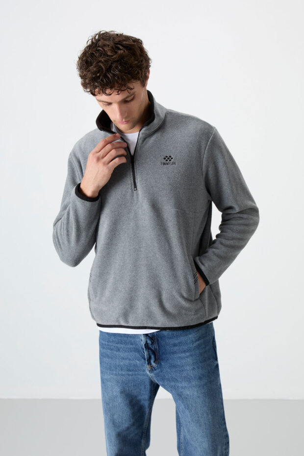 Dik Yaka Yarım Fermuarlı 2'li Paket Siyah-Gri Melanj Erkek Polar Sweatshirt - 87891 - 6