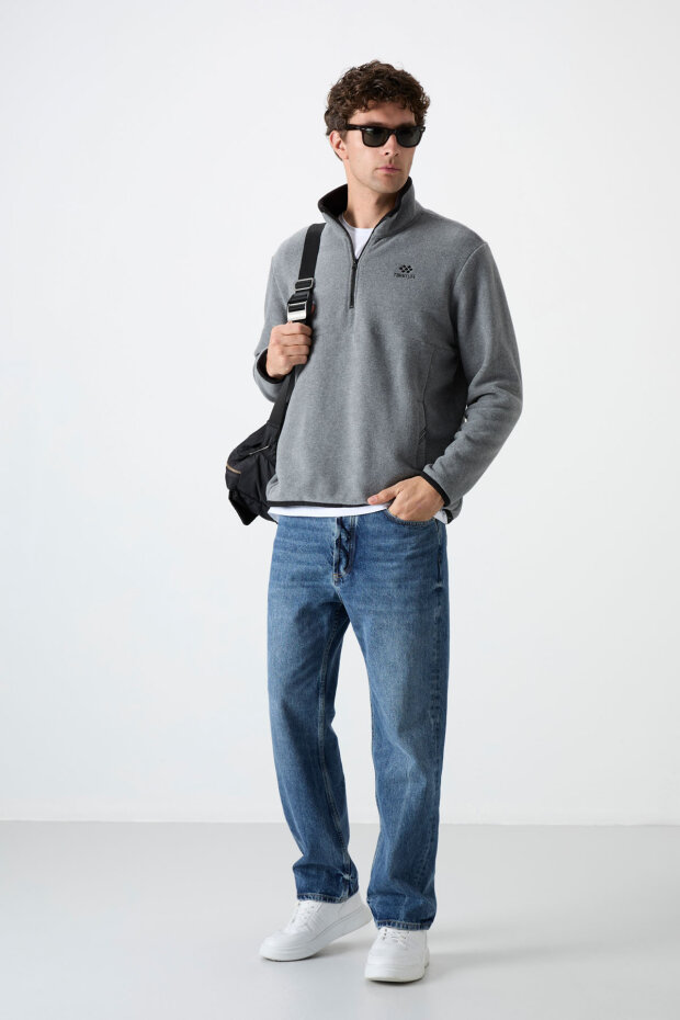Dik Yaka Yarım Fermuarlı 2'li Paket Siyah-Gri Melanj Erkek Polar Sweatshirt - 87891 - 2
