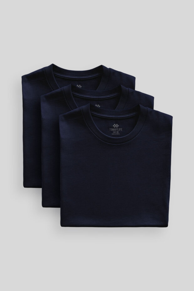 Standart Fit Basic O Yaka 3'lü Paket Lacivert Erkek T-Shirt 87911 - 2