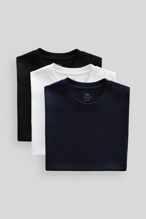 Standart Fit Basic O Yaka 3'lü Paket Siyah-Beyaz-Lacivert Erkek T-Shirt 87911 - 2